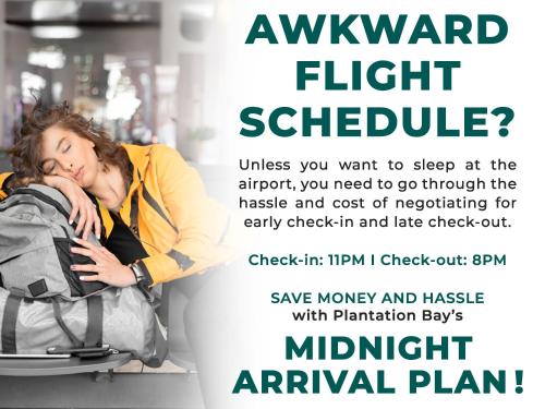 a flyer for an airport with a woman sleeping in a backpack at Plantation Bay Resort and Spa in Mactan