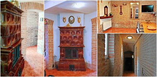 a collage of pictures of a room with a fireplace at Art Magánszálláshely in Debrecen