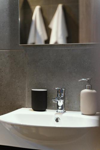 a bathroom sink with a soap dispenser on it at LOTOS Families Apartments 2 in Konitsa