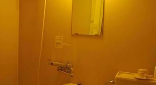 a bathroom with a shower with a mirror and a toilet at Espoir Misawa in Hakuba