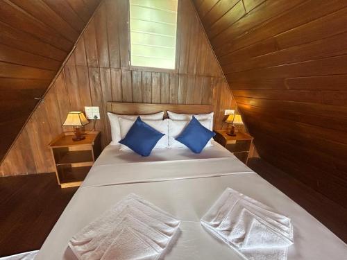a bedroom with a large bed with blue pillows at Kandy Twin Villa in Kandy