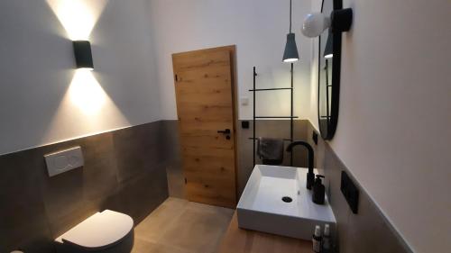 a bathroom with a sink and a toilet and a mirror at raum14 in Böbrach