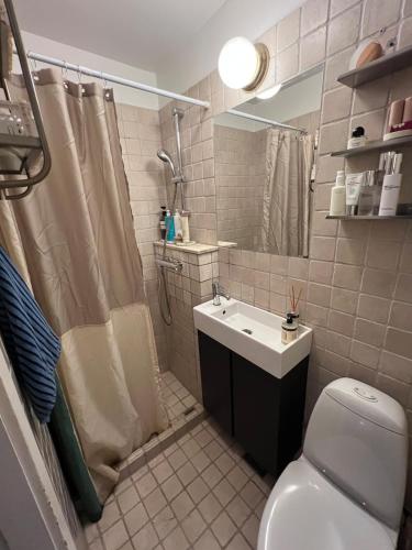 a bathroom with a toilet and a sink and a shower at Bright, child-friendly, balcony, 50 meters from the subway in Copenhagen