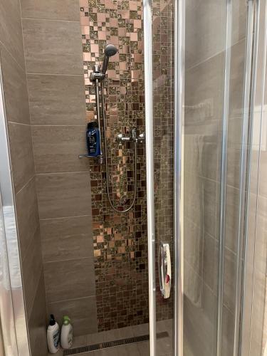 a shower with a glass door with a tile wall at Chata Myslivna v centru Vysočiny Herálec in Žďár nad Sázavou