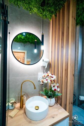 a bathroom with a sink and a mirror at A Frame Girasole in Colibiţa