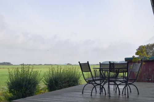 three chairs and a table on a wooden deck at Ferienhaus Reiherweg in Bedekaspel