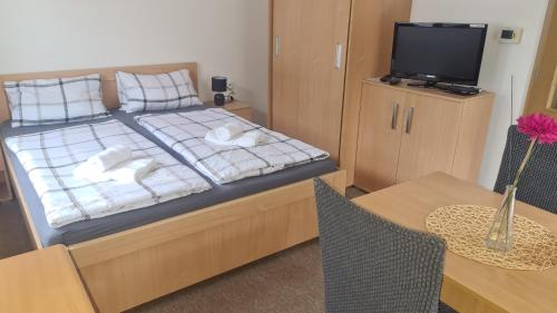 a bedroom with a bed with a tv and a table at Penzion Dominik in Železná Ruda