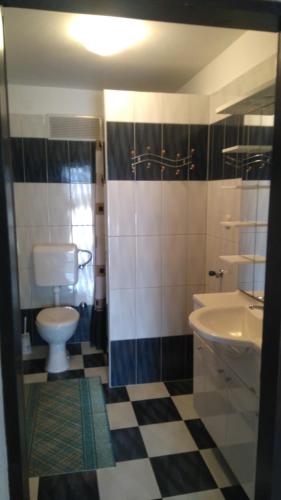 La salle de bains est pourvue de toilettes et d'un lavabo. dans l'établissement Nella Apartments, à Šišan