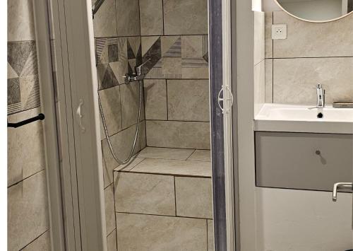 une salle de bain avec douche et lavabo dans l'établissement Bel appartement et son jardin, à Saint-Cézaire-sur-Siagne