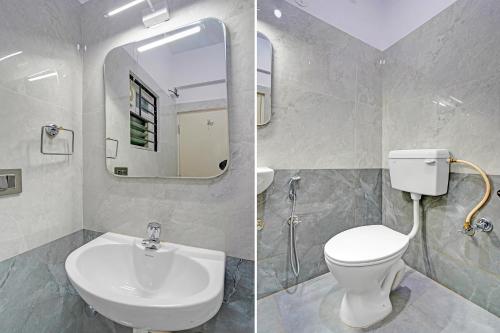 two pictures of a bathroom with a toilet and a sink at FabHotel Metro Grand - Koramangala in Bengaluru