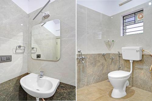 two pictures of a bathroom with a toilet and a sink at FabHotel Metro Grand - Koramangala in Bengaluru