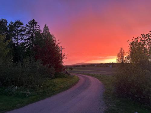 a dirt road with a sunset in the sky at Solberg Inn 