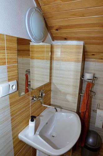 a bathroom with a white sink and a mirror at Otevřená Náruč Pension in Letovice