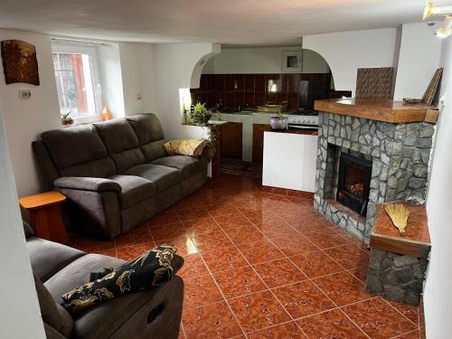 Una sala de estar con un sofá y una chimenea. en Casa Maria Alexandra, en Berceşti