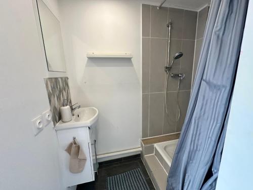 a white bathroom with a sink and a shower at HeberGeneve : Balcon sur le Jura in Gex