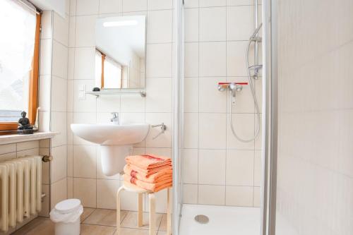 a white bathroom with a sink and a shower at Zur Dorfschänke in Hausen