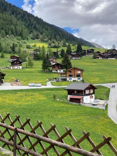 a small village in a green field with a fence at Uf em Schloss in Biel