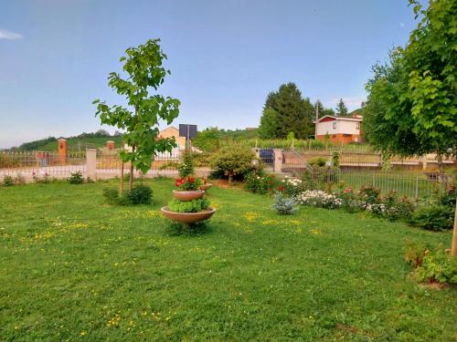 a garden with three flower pots in the grass at Villa Bellavista Alba, B&B in Alba