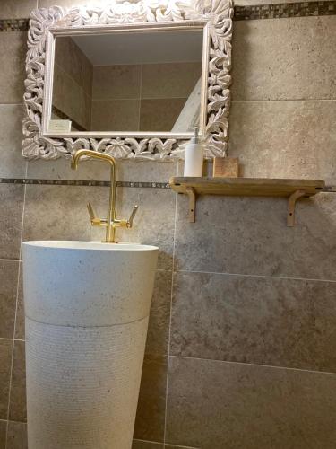 a bathroom with a sink and a mirror at Les Carillons du Bois de l'Orme in Les Pechs-du-Vers