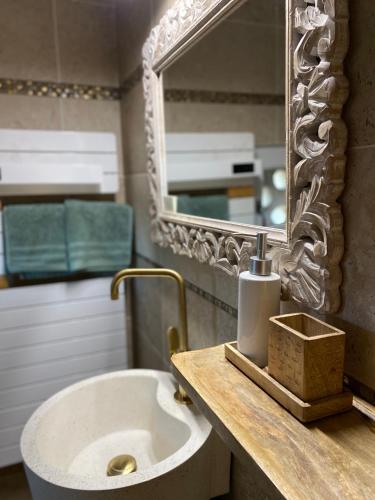 a bathroom with a sink and a mirror at Les Carillons du Bois de l'Orme in Les Pechs-du-Vers