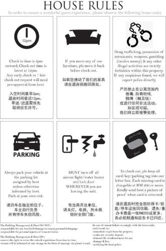 a set of signs for a house rules at Paragon Residences Straits View Homestay by WELCOME HOME in Johor Bahru