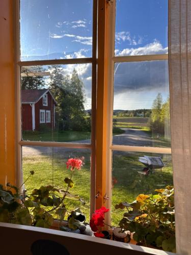 a window with a view of a red house at Solberg Inn 