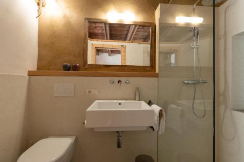a bathroom with a sink and a toilet and a mirror at Hof Neuhaus Laugen Alm in Tisens