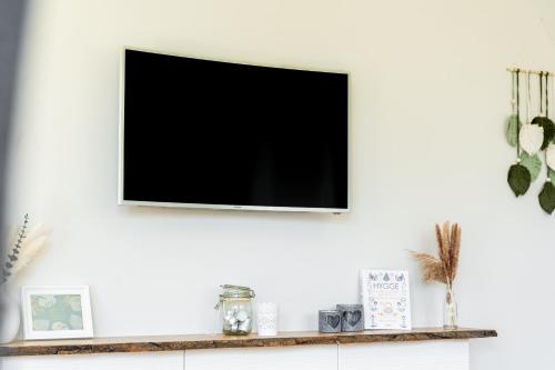 a television on a white wall with a shelf at Reethaus MeerFerien direkt am Wasser in Mellnitz