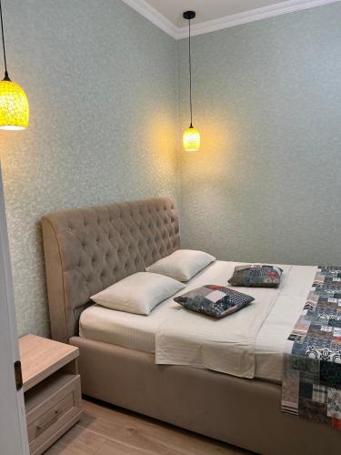 a bedroom with a bed with two pillows and two lights at Wellconect in Kutaisi