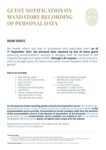 a page of a document on mandatory recording of personnel data at Little Hungary Apartment in Budapest