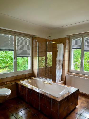 a large bathroom with a tub and a toilet and windows at Charmante Villa mit Seeblick in Seengen