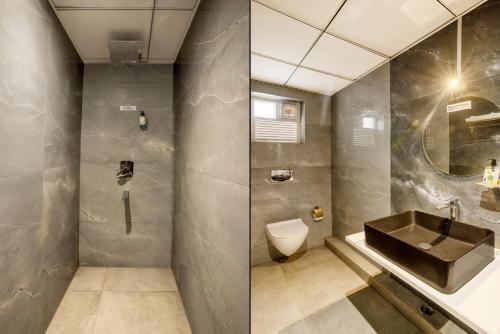 two images of a bathroom with a sink and a toilet at Treebo Golden Leaf in Rānchī