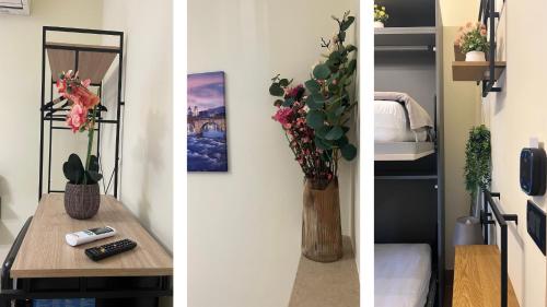 two pictures of a room with a table and a vase with flowers at Independent Rooms in Verona