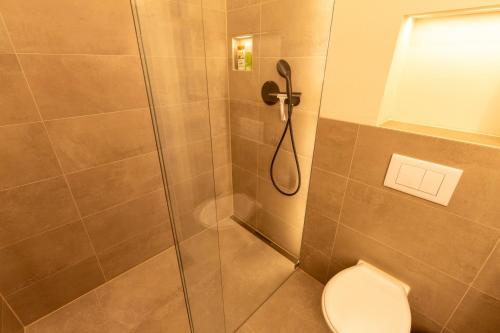 a shower stall with a toilet in a bathroom at Historische Ferienwohnung im Erdgeschoss in Lich