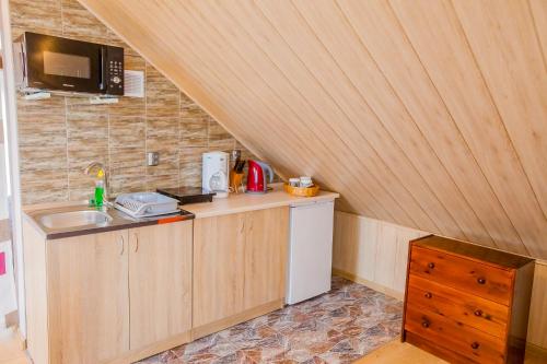a small kitchen with a sink and a microwave at PIKA Pokoje Gościnne in Władysławowo