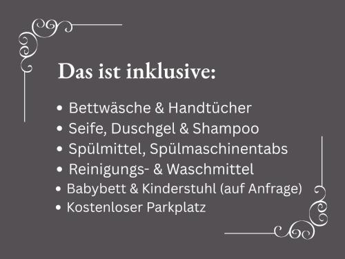 a list oflists oflists in a white text box at Brandneu - Fewo Sweethome mitten in Lutherstadt Wittenberg - ruhige Seitenstraße - eigener Parkplatz - Einkaufen, Restaurants & Schlosskirche 2 Min zu Fuß - Waschmaschine - Smart-TV - vollausgestattet in Lutherstadt Wittenberg