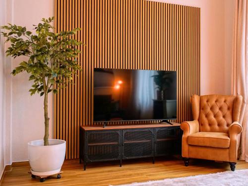 a living room with a tv and a chair and a plant at Brandneu - Fewo Sweethome mitten in Lutherstadt Wittenberg - ruhige Seitenstraße - eigener Parkplatz - Einkaufen, Restaurants & Schlosskirche 2 Min zu Fuß - Waschmaschine - Smart-TV - vollausgestattet in Lutherstadt Wittenberg