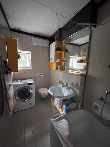 a small bathroom with a sink and a washing machine at Chalet La Stella a Corte in Borca di Cadore