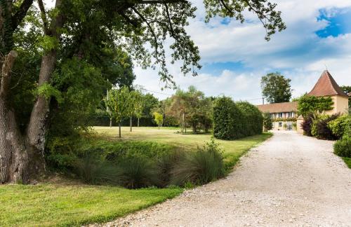 a driveway leading to a house with a tree at Maison Manechal in Monfaucon