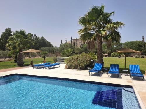 une piscine avec des chaises bleues et des palmiers dans l'établissement Magnifique villa piscine Ghazoua, à Al Ghar