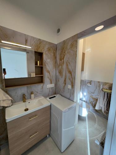 une salle de bain avec un lavabo et une machine à laver dans l'établissement Studio lumineux et spacieux avec balcon proche Garibaldi, à Nice