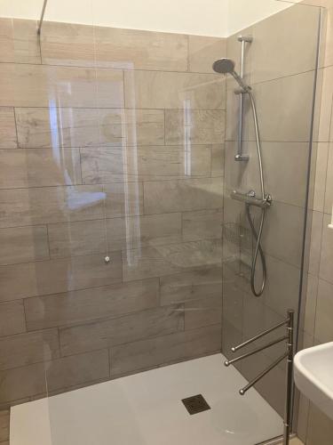 une douche avec une porte vitrée dans une salle de bain dans l'établissement Apartment, à San Felice del Benaco