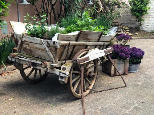 a wooden cart filled with plants and flowers at Hotel Restaurant Goldenes Ross in Göllheim
