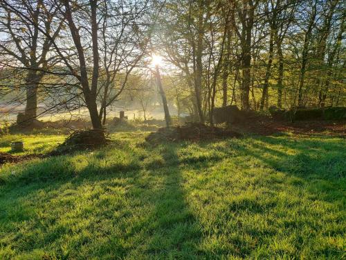 a field with the sun shining through the trees at Countryside Caravan in Saint-Michel-de-Montjoie