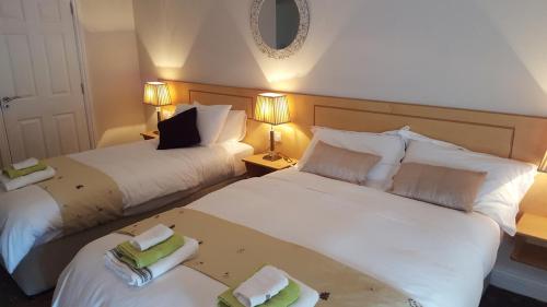 a hotel room with two beds and a mirror at Donemark Rise B&B in Bantry