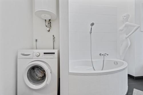a bathroom with a washing machine and a sink at Villa Seeblick 1908 in Bregenz