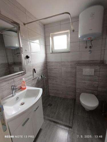 a bathroom with a sink and a toilet and a mirror at Apartmani Kula in Tuzla