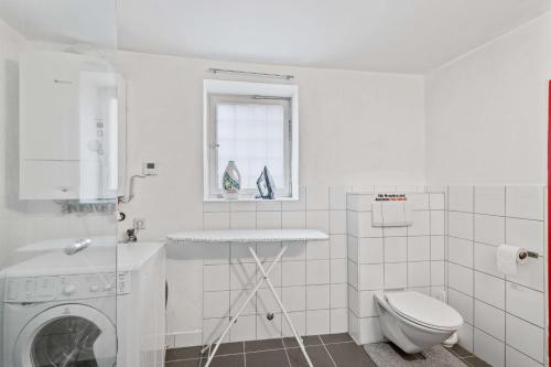 a white bathroom with a toilet and a sink at Villa Seeblick 1908 in Bregenz
