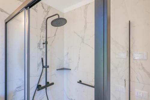 a shower in a bathroom with a glass door at Villa Spa Dalia in Cannobio