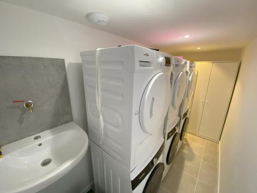 een badkamer met een wasmachine en een wastafel bij Logement Neuf Cosy avec Espaces Communs Premium 13 in Belfort